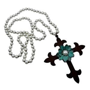 Artisan Copper Cross Pendant Statement Necklace Blue Enamel Flower Pearls 36"